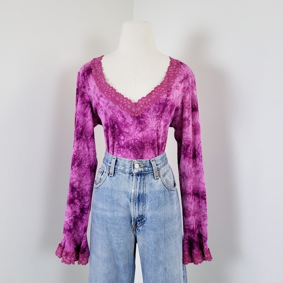 Y2K pink tie dye long sleeve top V-neck fairycore bell angel sleeves - Picture 3 of 14